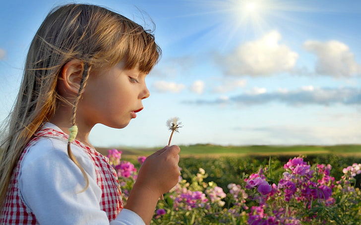 Mädchen weiß und rot kariertes langärmeliges Kleid, kleines Mädchen, Feld, Gras, Blumen, Wolken, HD-Hintergrundbild