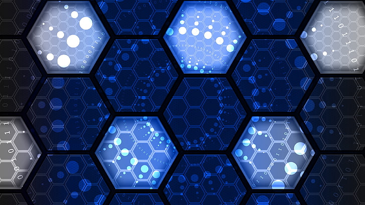 binary code, honeycomb, hexagon, geometric, geometry, blue, abstract art, binary, code, pattern, symmetry, design, HD wallpaper