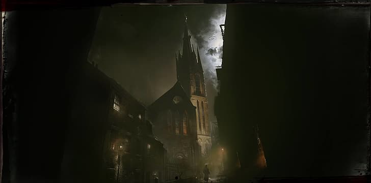 Vampyr, arte de videojuegos, gótico, oscuro, niebla, Londres, ciudad, iglesia, Fondo de pantalla HD