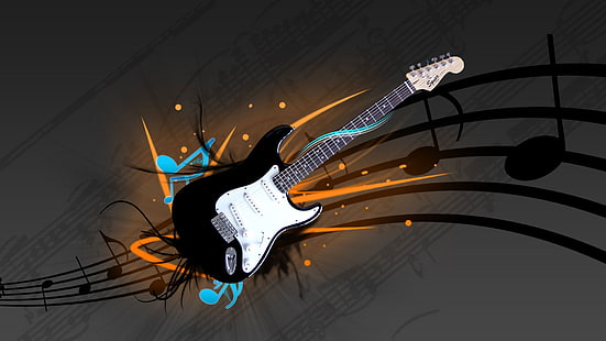 black stratocaster electric guitar, music, Guitar, electric guitar, fender, stratocaster, squier, strat, HD wallpaper HD wallpaper