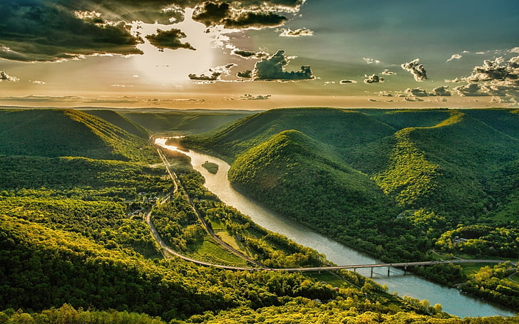 경치 자연 강 고속도로 도로 골짜기 다리 일몰 산 봄 녹색 구름 숲 하늘, HD 배경 화면