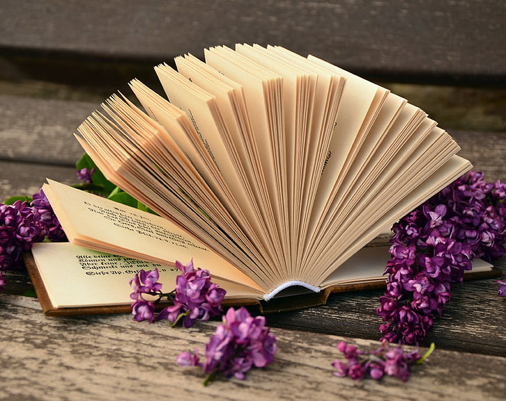 Open Book Macro, brown book, Vintage, Nature, Spring, Paper, Open, Flowers, Relax, Outdoors, Beauty, Lilac, Book, Springtime, Read, Bank, pages, Wisdom, Bound, literature, book pages, browse, HD wallpaper