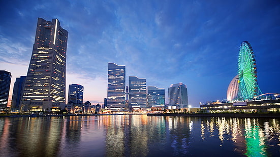 fotografi lanskap bangunan tinggi dan kincir ria, kota, lanskap kota, Yokohama, Jepang, kincir ria, Wallpaper HD HD wallpaper