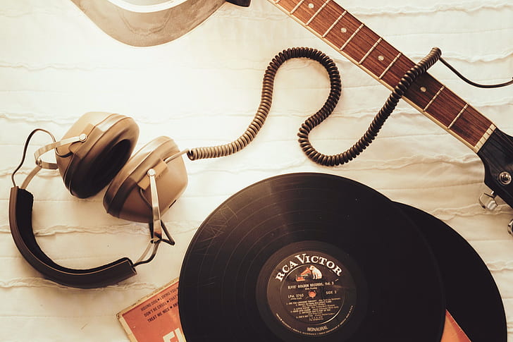 guitar, headphones, vinyl, records, HD wallpaper