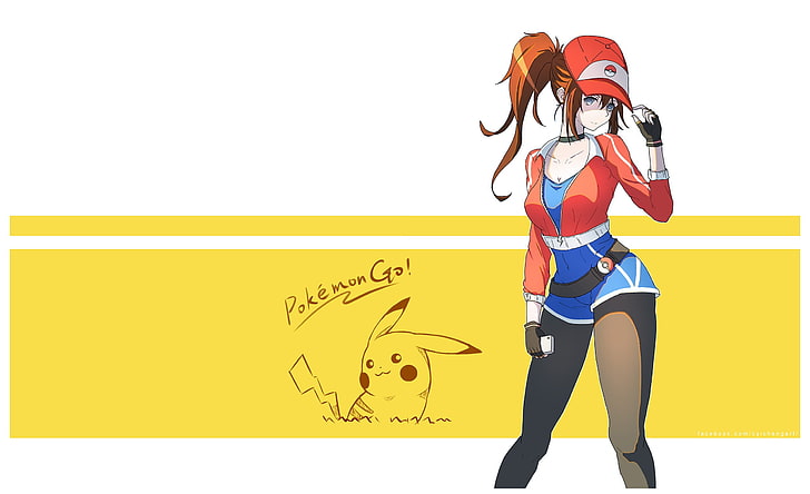 Anime, Anime Girls, Pokémon, Pokemon Go, Pokémon-Trainer, lange Haare, Brünette, blaue Augen, Smartphone, Baseballmützen, Pikachu, HD-Hintergrundbild