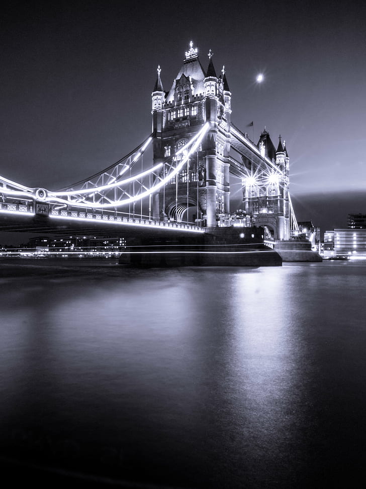bridge during night time, Tower Bridge, night time, London  River, River Thames, Bridge  Tower, Tower Hill, architecture, blue hour, bridge  city, cityscape, evening, landmark, moon, outdoors, sky, tourist attraction, water, thames River, famous Place, london - England, night, bridge - Man Made Structure, england, uK, river, city, black And White, HD wallpaper