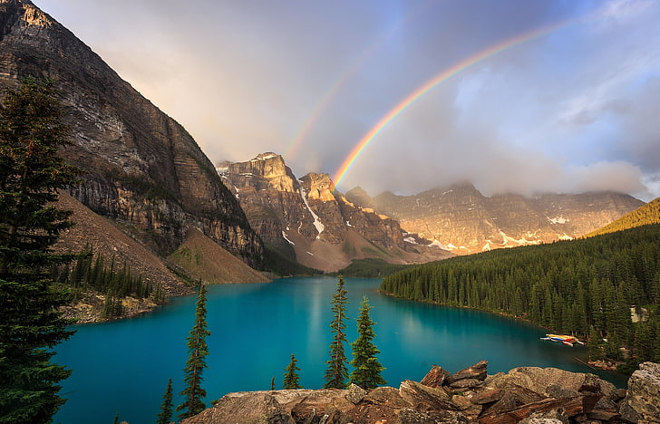 Banff, National Park, Canada, forest, mountains, lake, rainbow, Canada, Banff National Park, Alberta, Moraine Lake, Valley of the Ten Peaks, valley of the Ten peaks., Banff, HD wallpaper