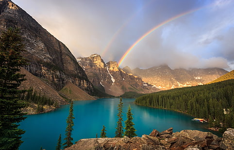 Banff, National Park, Canada, forest, mountains, lake, rainbow, Canada, Banff National Park, Alberta, Moraine Lake, Valley of the Ten Peaks, valley of the Ten peaks., Banff, HD wallpaper HD wallpaper