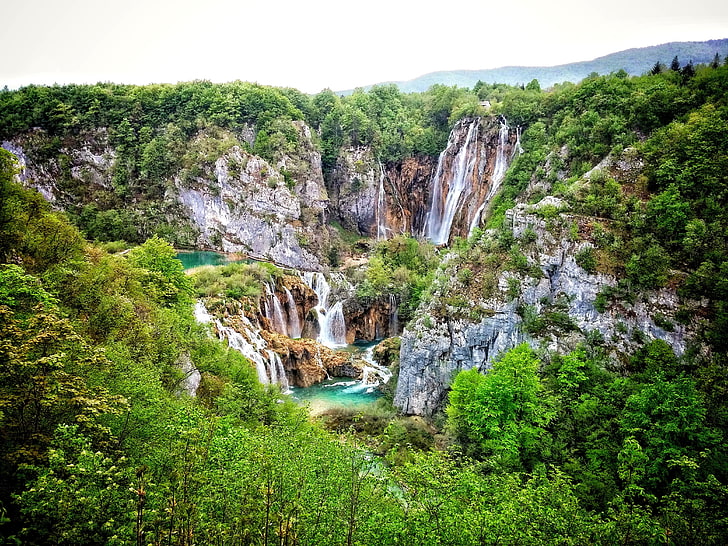 plitvice lakes national park, croatia, mountain, waterfalls, shrubs, forest, Nature, HD wallpaper
