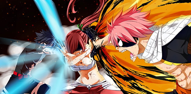 wallpaper, fire, battlefield, red, flame, ice, game, anime, boy, fight, dragon, asian, manga, scarf, japanese, Fairy Tail, Ezra Scarlet, Natsu Dragneel, Gray Fullbuster, oriental, asiatic, strong, red head, spark, combat, Dragon Slayer, Devil Slayer, by claudiadragneel, titania, hd, Etherious: E.N.D., muskular, red har, Seventh Master of Fairy Tail, HD wallpaper HD wallpaper