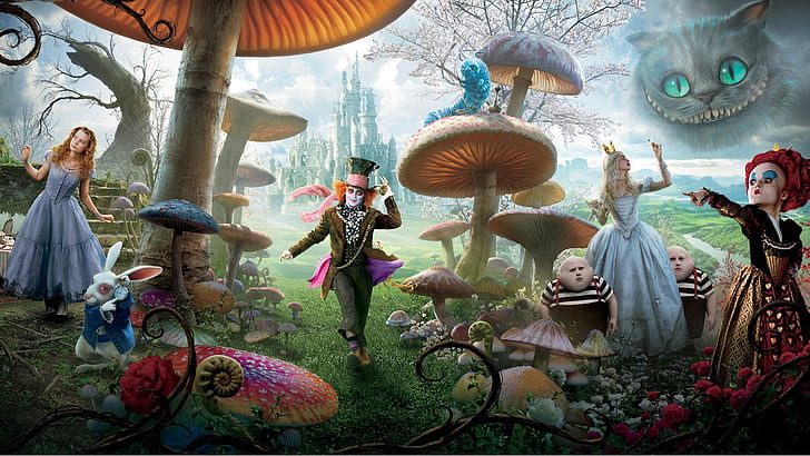 Movie, Alice in Wonderland (2010), Alice In Wonderland, Anne Hathaway, Cheshire Cat, Johnny Depp, Mad Hatter, Queen Of Hearts, Tweedledee, Tweedledum, White Queen (Alice in Wonderland), HD wallpaper