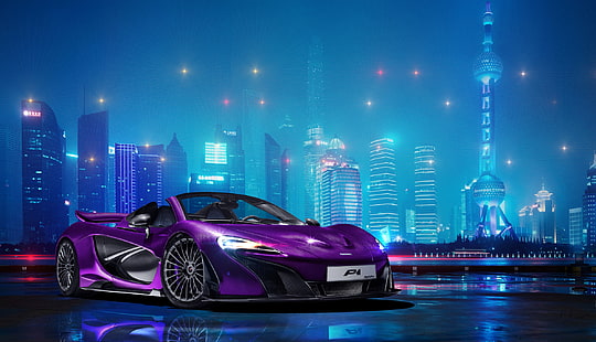 пурпурный родстер McLaren P1, фотошоп, McLaren, ночной город, гиперкар, McLaren P1, HD обои HD wallpaper