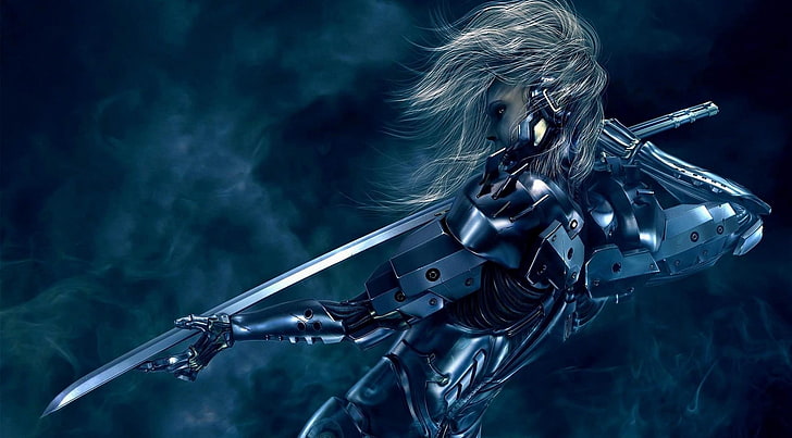 женщина в черном костюме держит цифровые обои самураев, произведение искусства, Metal Gear Rising, Raiden, Metal Gear Rising: Revengeance, HD обои