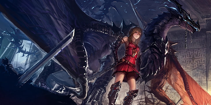 dragon and knight illustration, gray dragon illustration, anime, original characters, fantasy art, dragon, long hair, open mouth, looking at viewer, brunette, brown eyes, looking away, standing, fangs, minidress, gloves, weapon, sword, Dragon Wings, boots, armor, chains, anime girls, HD wallpaper