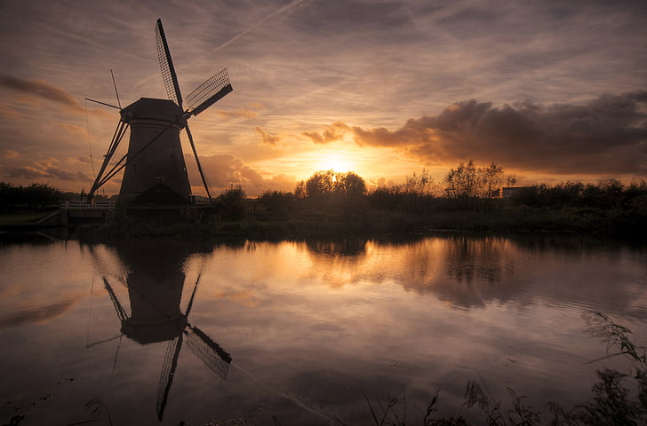 gray windmill, the sky, the sun, clouds, sunset, river, mill, HD wallpaper