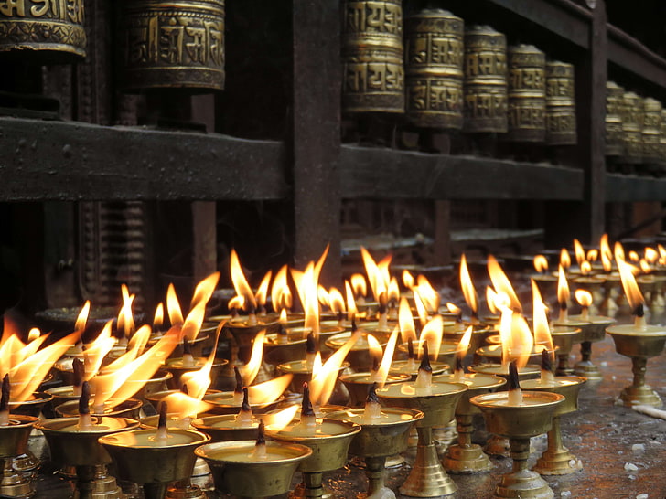 asia, buddha, buddhism, candles, golden, kathmandu, nepal, offering, pray, prayer, religious, temple, traditional, HD wallpaper