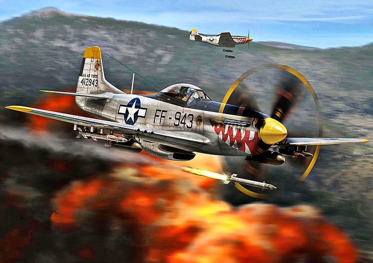 Mustang, Wybuch, USAF, Wojna koreańska 1950-1953, HVAR, bomby, 18 FBG, F-51D, Korea 1950, Tapety HD