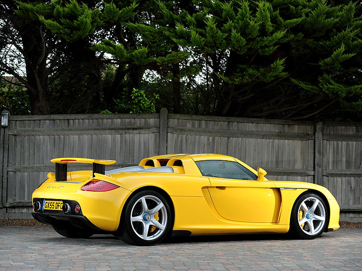 kuning, Porsche, supercar, tampilan belakang, Carrera GT, Wallpaper HD