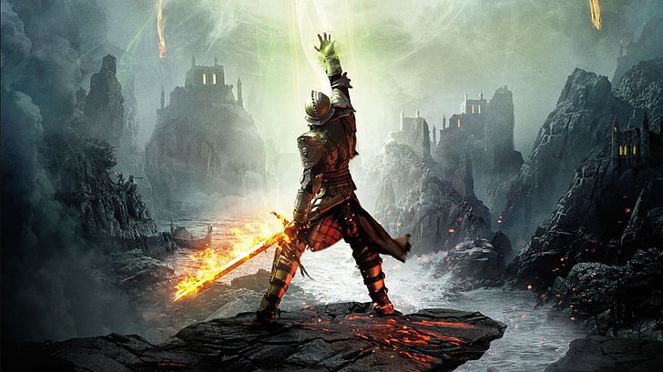 postać trzymająca płonący miecz cyfrowa tapeta, Skyhold (Dragon Age Inquisition), gry wideo, Dragon Age Inquisition, Dragon Age: Inquisition, Dragon Age, Tapety HD