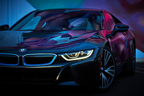 black BMW sedan, car, BMW, BMW i8, cyan, pink, neon glow, HD wallpaper HD wallpaper