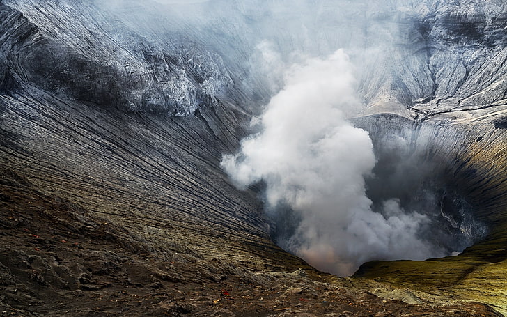natura, paesaggio, cratere, vulcano, Monte Bromo, Indonesia, fumo, calore, veleno, Sfondo HD