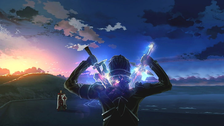 person holding two swords digital wallpaper, Sword Art Online, Heathcliff (Sword Art Online), Kirito (Sword Art Online), HD wallpaper