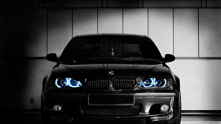 черен BMW седан, BMW, черен, ксенон, светлини, кола, HD тапет