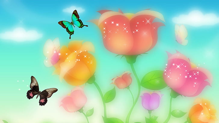 Summer Pastels, butterfly and flower illustration, stars, blurred, tulips, flowers, spring, summer, butterflies, clouds, 3d and abstract, HD wallpaper