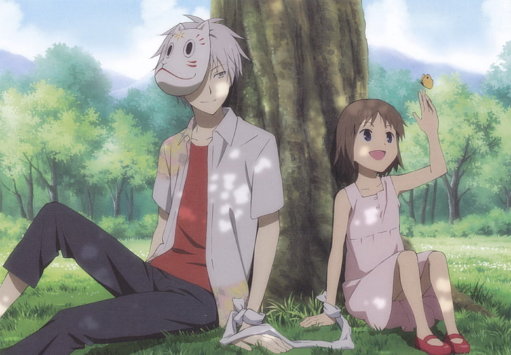 dos personas sentadas en el suelo, Hotarubi no Mori e, bosque, Gin, Takegawa Hotaru, Fondo de pantalla HD
