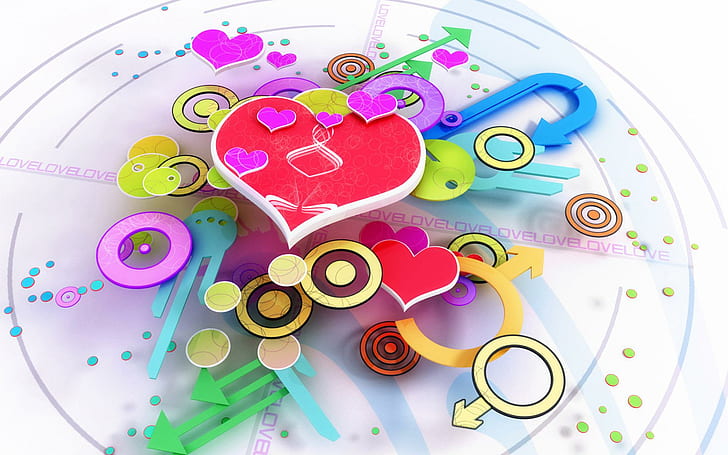 Любов 3D Дизайн Широк екран, червено, жълто, синьо и оранжево сърце кръг и мъжки и женски знак илюстрация, широк екран, любов, дизайн, HD тапет