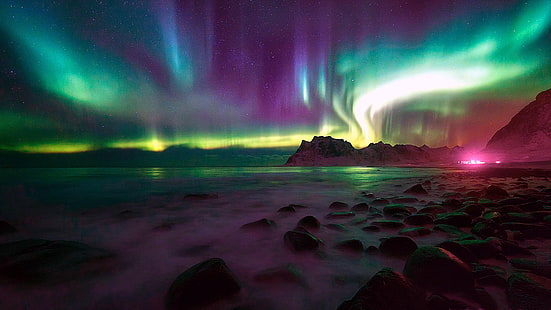 السماء الخضراء ، الشفق القطبي ، الليل ، الأضواء الشمالية ، النرويج ، لوفتن ، الليل المرصع بالنجوم، خلفية HD HD wallpaper