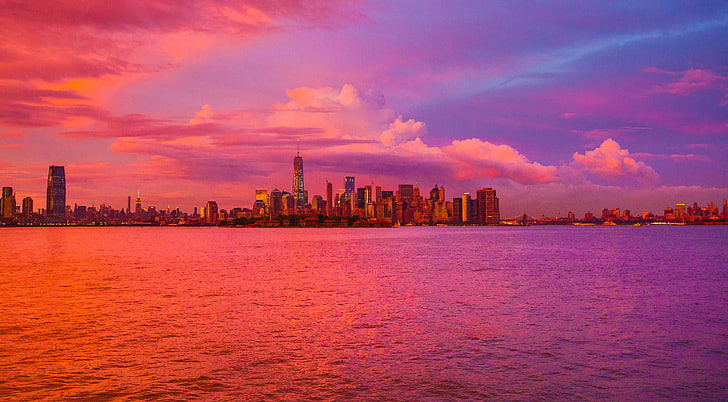 budynki miejskie, Nowy Jork, zachód słońca, chmury, pejzaż miejski, budynek, Tapety HD