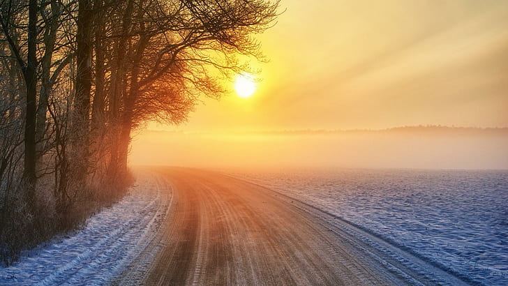 Sunrise On A Wintry Countryside Road, fields, forest, sunrise, road, winter, nature and landscapes, HD wallpaper