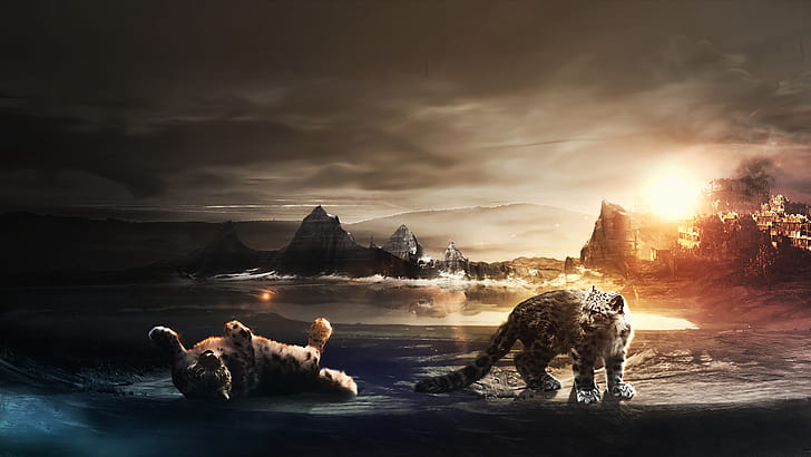 1920x1080 px, art, cubs, fantasy, lakes, landscapes, leopard, mountains, nature, paintings, snow, sunset, HD wallpaper