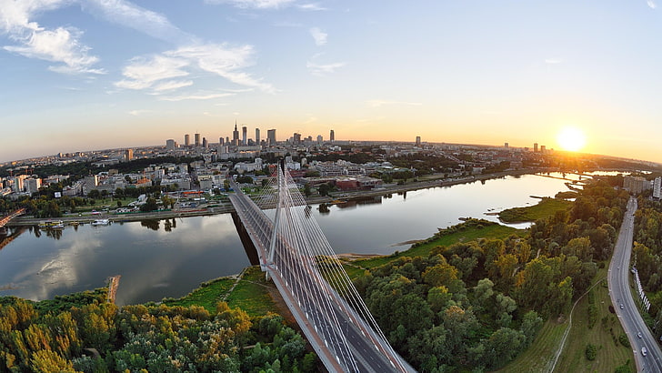 град, небе, градски пейзаж, Siekierkowski мост, Warsaw, градска зона, въздушна фотография, силует, хоризонт, сутрин, река, ден, вода, Полша, Европа, река Висла, HD тапет