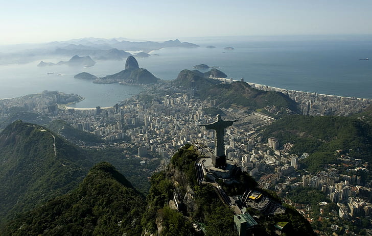 ブラジル、リオデジャネイロ、リオデジャネイロ、ブラジル、パオデアスカ、コルコバード、クリストレデントール、海、 HDデスクトップの壁紙