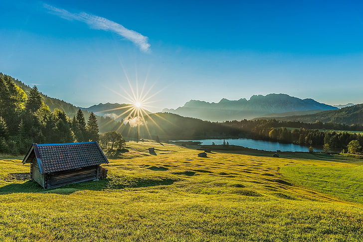green mountain, mountains, lake, sunrise, dawn, morning, Germany, Bayern, meadow, hut, Bavaria, Bavarian Alps, The Bavarian Alps, Lake Geroldsee, HD wallpaper