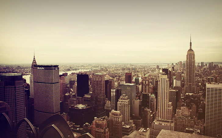 Сгради в Ню Йорк, град, градски пейзаж, Ню Йорк, САЩ, Емпайър Стейт Билдинг, небостъргач, Манхатън, HD тапет