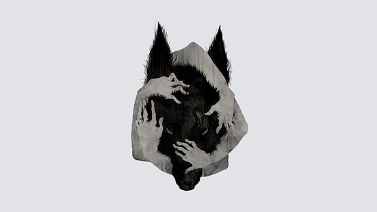 иллюстрация черного волка, волк, руки, аннотация, белый фон, HD обои HD wallpaper