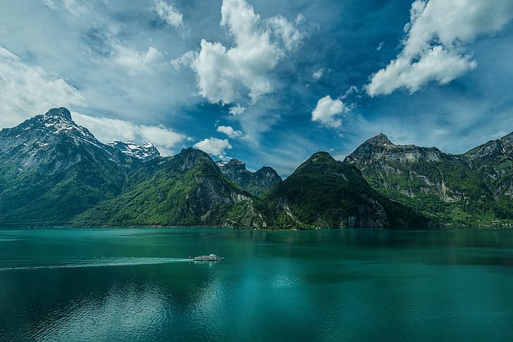 awan, gunung, danau, Swiss, Pegunungan Alpen, kapal, Danau Lucerne, Isenthal, Wallpaper HD, Wallpaper HD