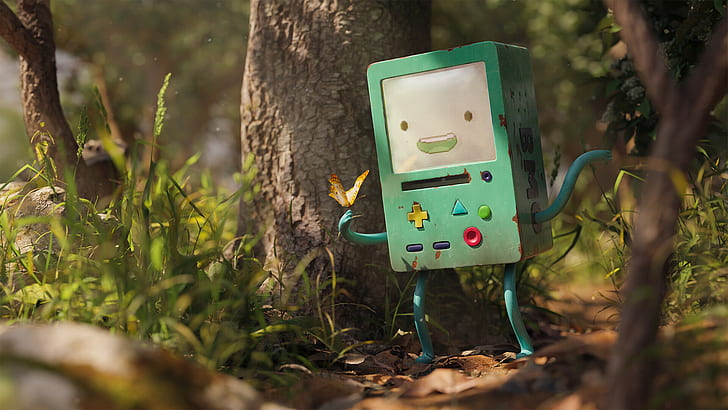Adventure Time, forêt, console, BMO, souriant, fan art, art numérique, Blender, Rachel Frick, Fond d'écran HD