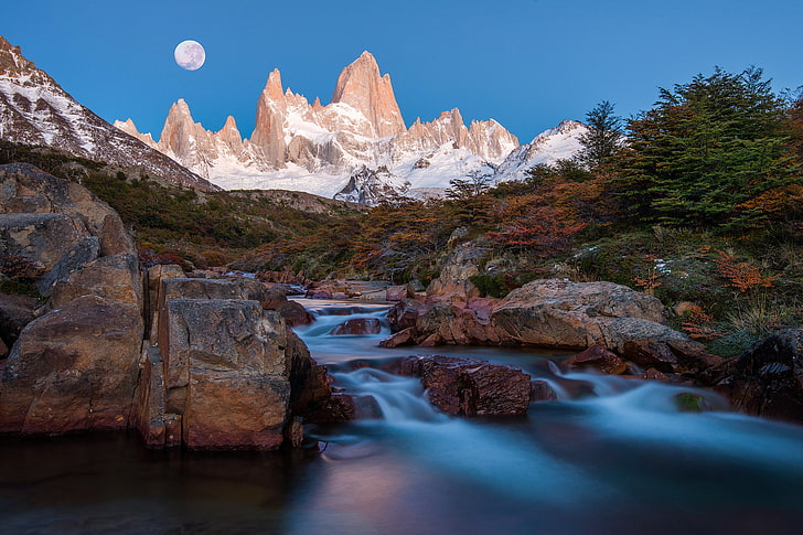 green leafed trees and brown rocks, mountains, night, river, the moon, stream, peaks, Argentina, Andes, South America, Patagonia, HD wallpaper