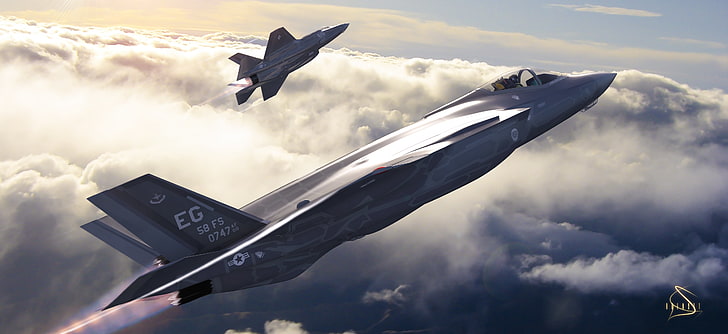два серых истребителя, иллюстрация, авиация, истребитель, арт, бомбардировщик, самолет, американец, Lightning II, F-35, пятое поколение, HD обои