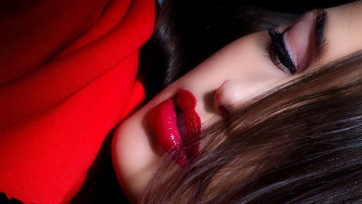 wajah, berair-bibir, wanita-gadis-seksi-brunette-bibir-lipstik, Wallpaper HD