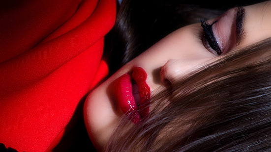 viso, labbra succose, donna-ragazza-sexy-bruna-labbra-rossetto, Sfondo HD HD wallpaper