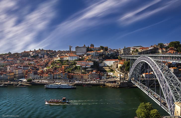 most, rzeka, łódź, budynek, dom, Portugalia, Porto, Port, Rzeka Duero, Rzeka Duero, Dom Luís I Bridge, Ponte de don Luis I, Tapety HD