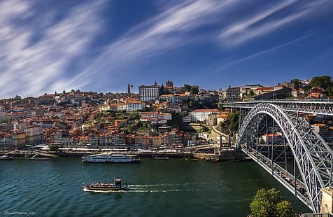橋、川、ボート、建物、家、ポルトガル、ポルト、港、ドウロ川、ドゥエロ川、ドンルイス1世橋、ポンテデドンルイス1世、 HDデスクトップの壁紙 HD wallpaper