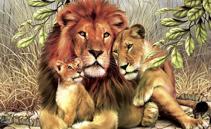 lion brun, lionne et lionceau peinture, feuilles, Lions, famille, Fond d'écran HD
