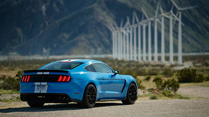 mobil, Mustang gt350r, mobil biru, kendaraan, di luar rumah, angka, Wallpaper HD