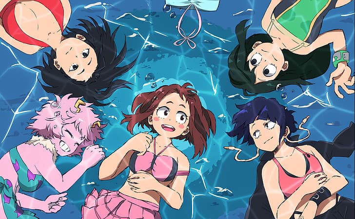 Boku no Hero Academia, Uraraka Ochako, Momo Yaoyorozu, Asui Tsuyu, Jirou Kyouka, Mina Ashido, anime, animasyon, 2D, anime girls, deniz, HD masaüstü duvar kağıdı